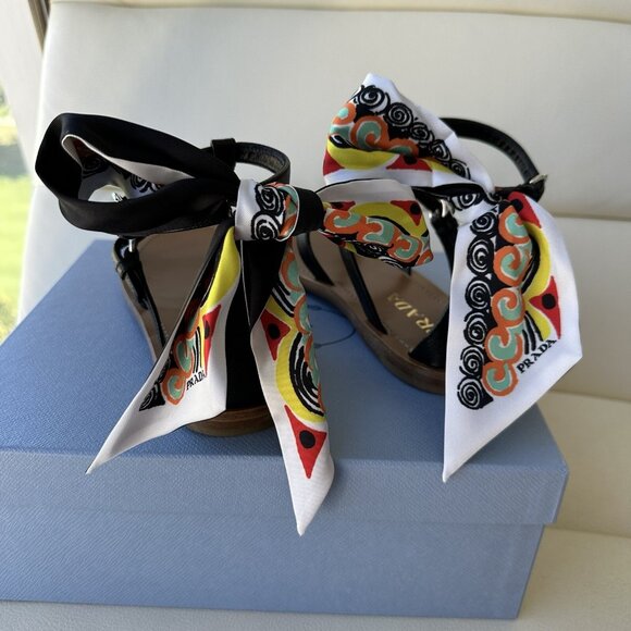 NEW PRADA SANDALS BLACK LEATHER GLADIATOR SILK BOWS 38.5 - Picture 3 of 7